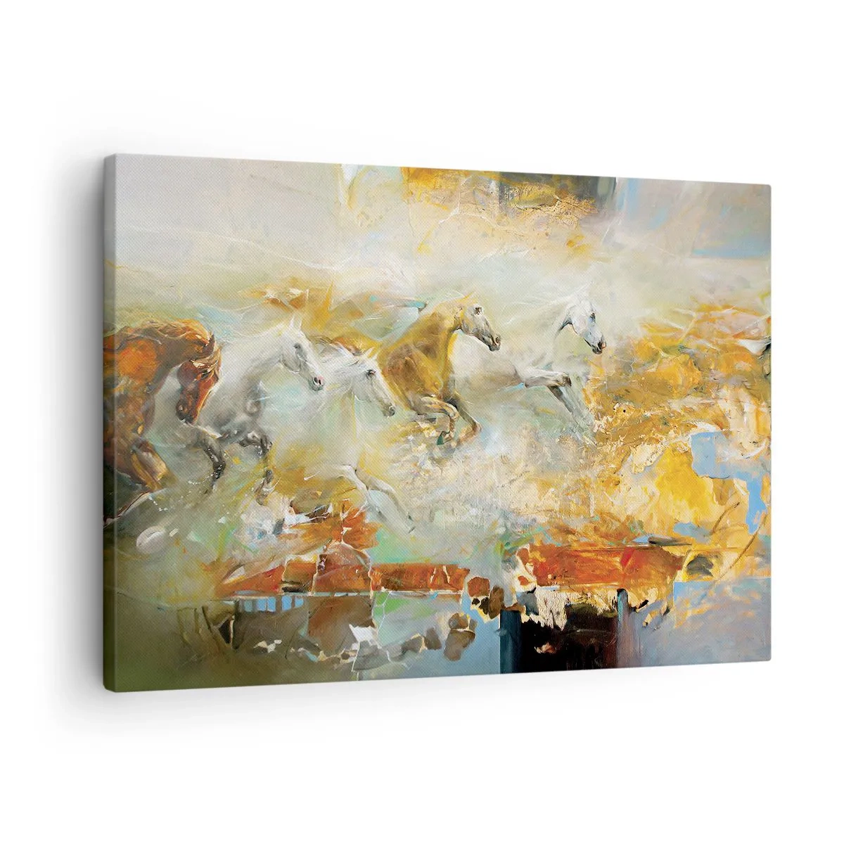 Vászonkép - Művészi lovak dinamikus, színes környezetben - 70x50cm - Vágta a fényen át - Modern fali dekoráció nappalihoz és hálószobához ARTTOR