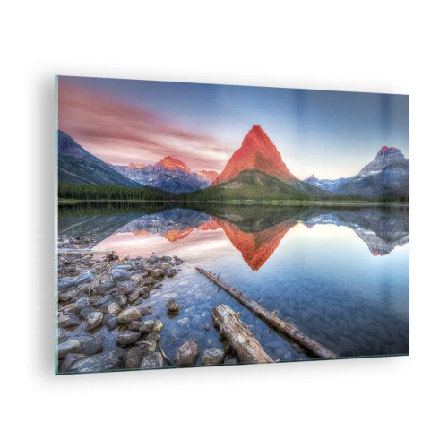 Üveg kép - Egy hegycsúcs tükröződik egy nyugodt tóban - 70x50cm - Forróság és hideg - Modern fali dekoráció nappalihoz és hálószobához ARTTOR