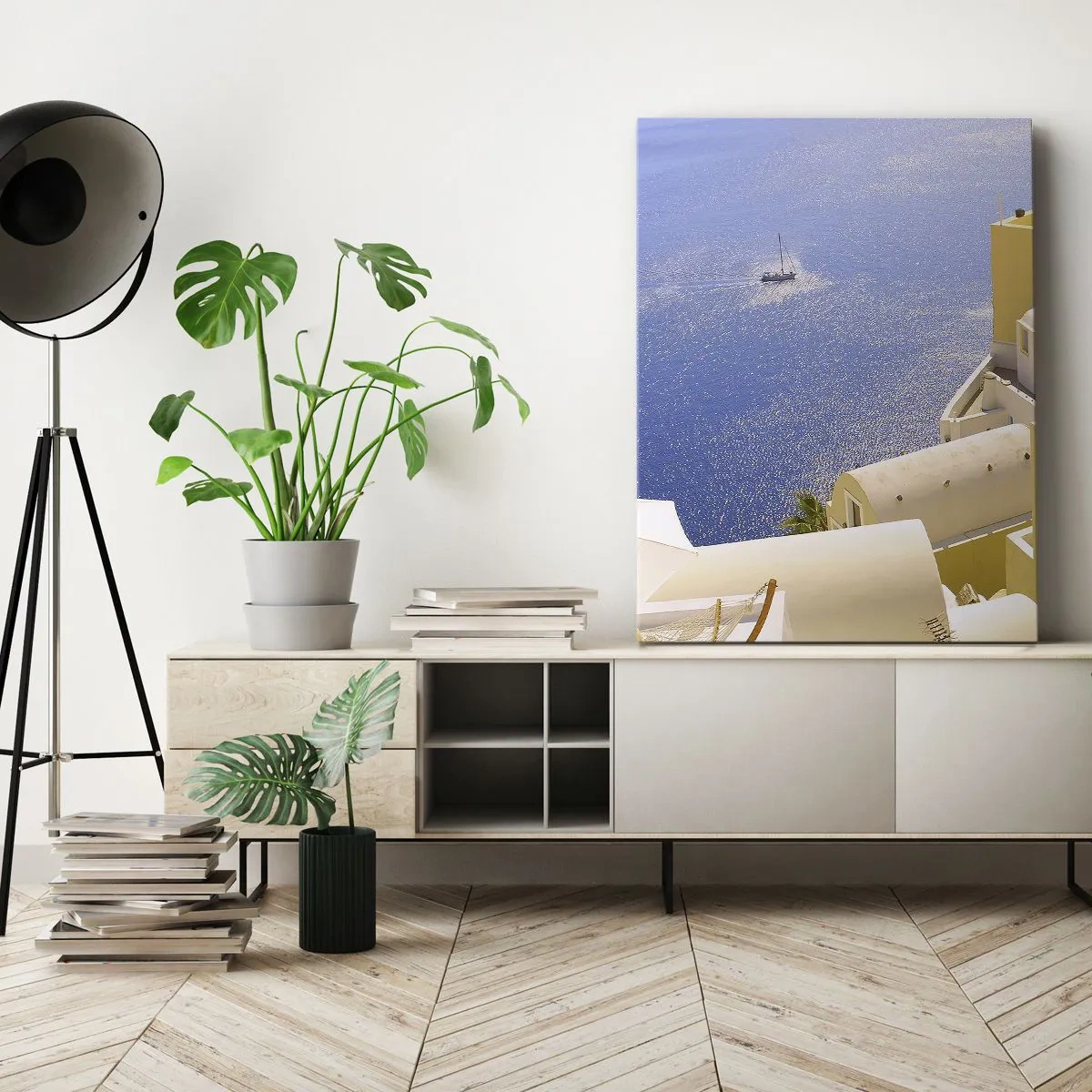 Vászonkép - Görög táj fehér és kék színben - 55x100 cm