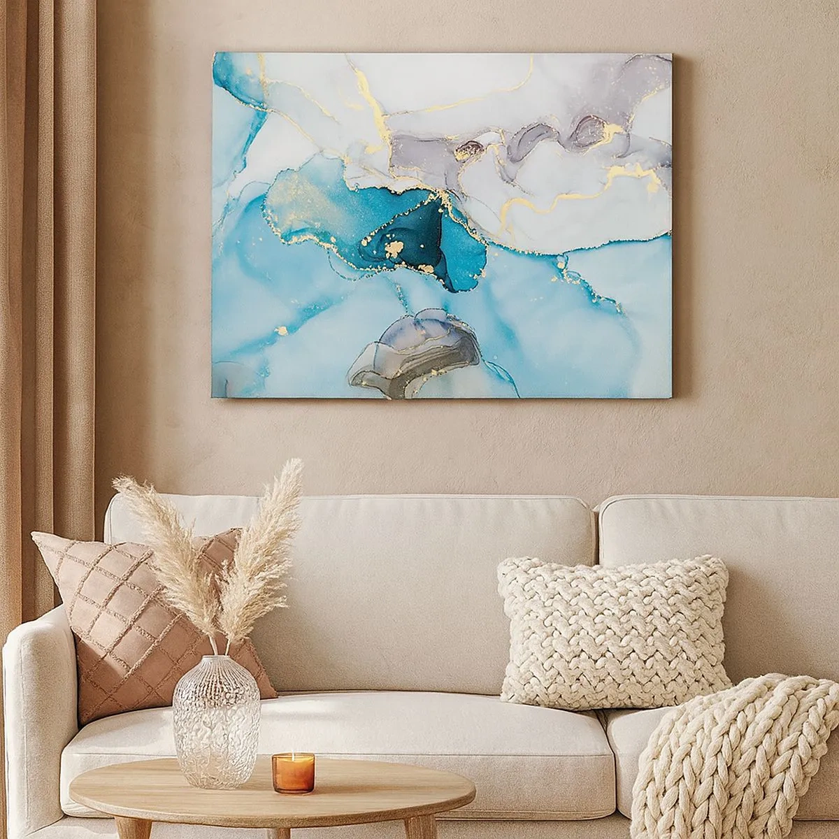 Vászonkép - Kék és arany árnyalatú absztrakció finom vonalakkal - 70x50cm - Tanulmány a szürke és a türkiz találkozásáról - Modern fali dekoráció nappalihoz és hálószobához ARTTOR