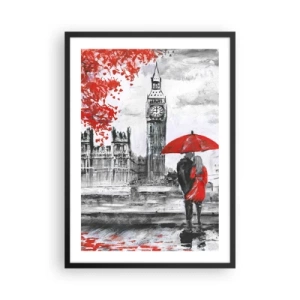 Poszter fehér keretben - Egy piros esernyős alak a londoni Big Ben előtt - 50x70cm - Szerelmesek Londonban - Modern fali dekoráció nappalihoz és hálószobához ARTTOR