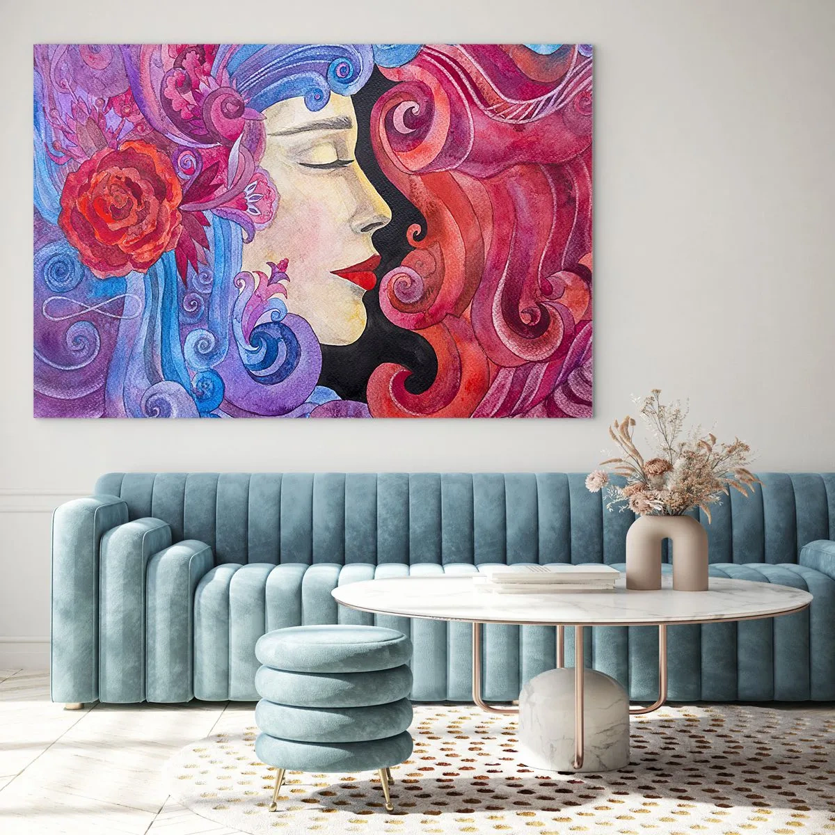 Üveg kép - Színes portré egy nőről szecessziós stílusban, gazdag díszítéssel - 70x50cm - A szecesszió még mindig él - Modern fali dekoráció nappalihoz és hálószobához ARTTOR