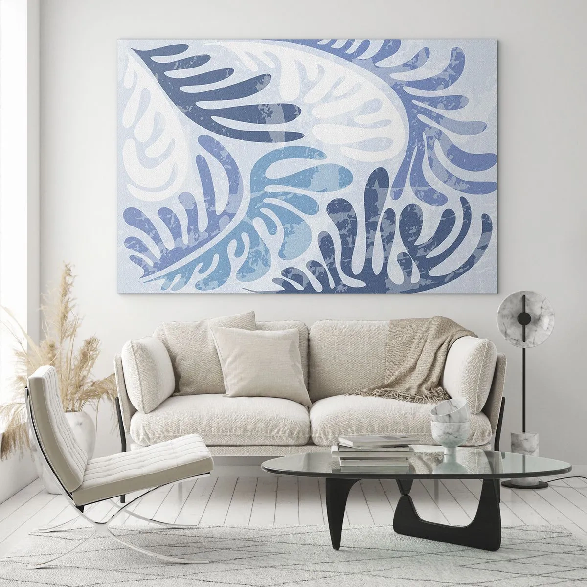 Üveg kép - Dekoratív páfránylevelek kék árnyalatokban világos háttéren - 70x50cm - Kék páfrányok - Modern fali dekoráció nappalihoz és hálószobához ARTTOR