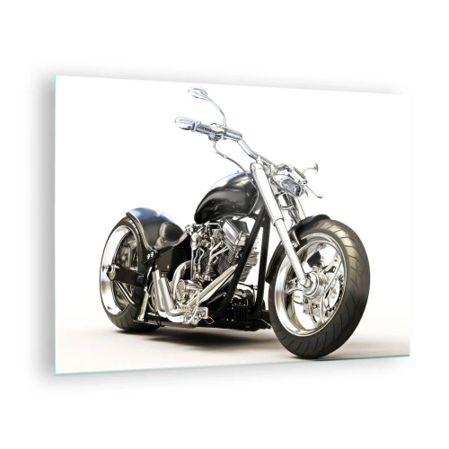 Üveg kép - Egy fekete chopper motorkerékpár világos háttér előtt - 70x50cm - Erő a karakterrel - Modern fali dekoráció nappalihoz és hálószobához ARTTOR