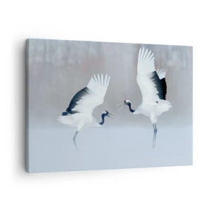 Vászonkép - Két daru táncol egy ködös tájban - 70x50cm - Tánc a ködben - Modern fali dekoráció nappalihoz és hálószobához ARTTOR