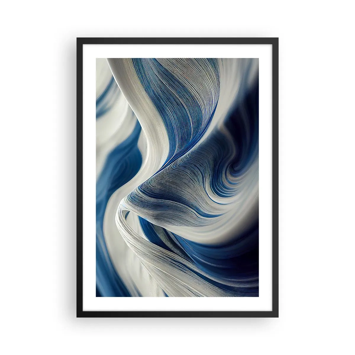 Poszter fehér keretben - Absztrakt hullámok sötétkék és fehér árnyalatokban - 50x70cm - Kék és fehér folyékonysága - Modern fali dekoráció nappalihoz és hálószobához ARTTOR