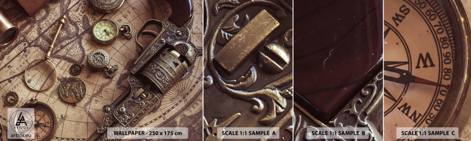 Fotótapéta Minta Öntapadós Deluxe Sticker - Hív a kaland - Világtérkép, Iránytű, Revolver - 100x30 cm