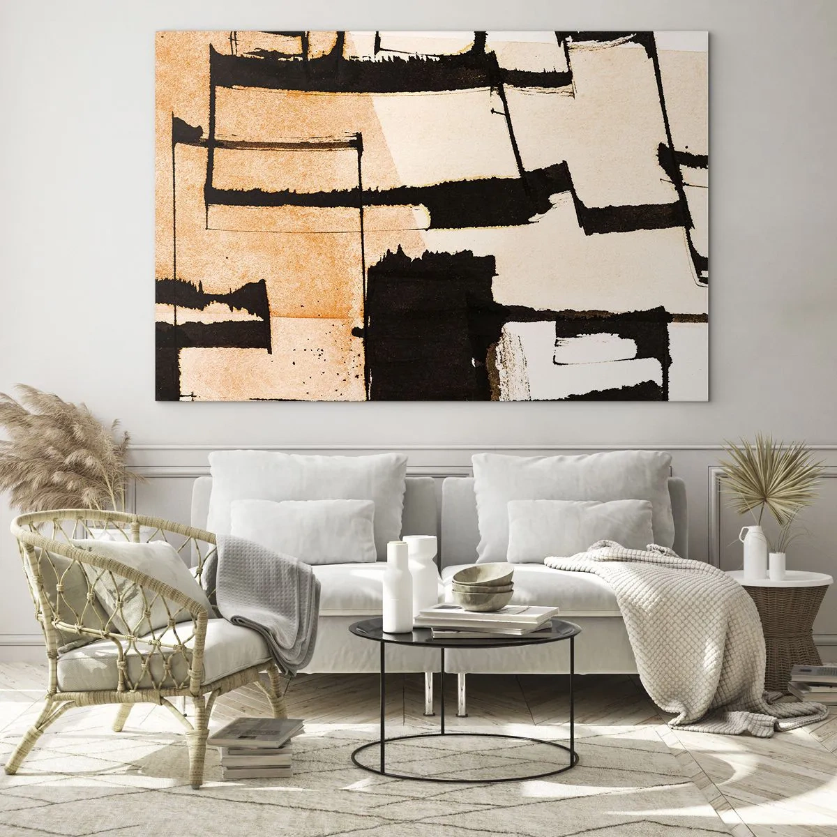 Üveg kép - Geometrikus absztrakció bézs és fekete árnyalatokban - 70x50cm - Mégis rend - Modern fali dekoráció nappalihoz és hálószobához ARTTOR