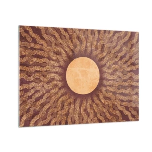 Üveg kép - Egy stilizált nap, amelynek sugarai hullámos vonalak formájában jelennek meg barna háttéren. - 70x50cm - A nap ikonja - Modern fali dekoráció nappalihoz és hálószobához ARTTOR