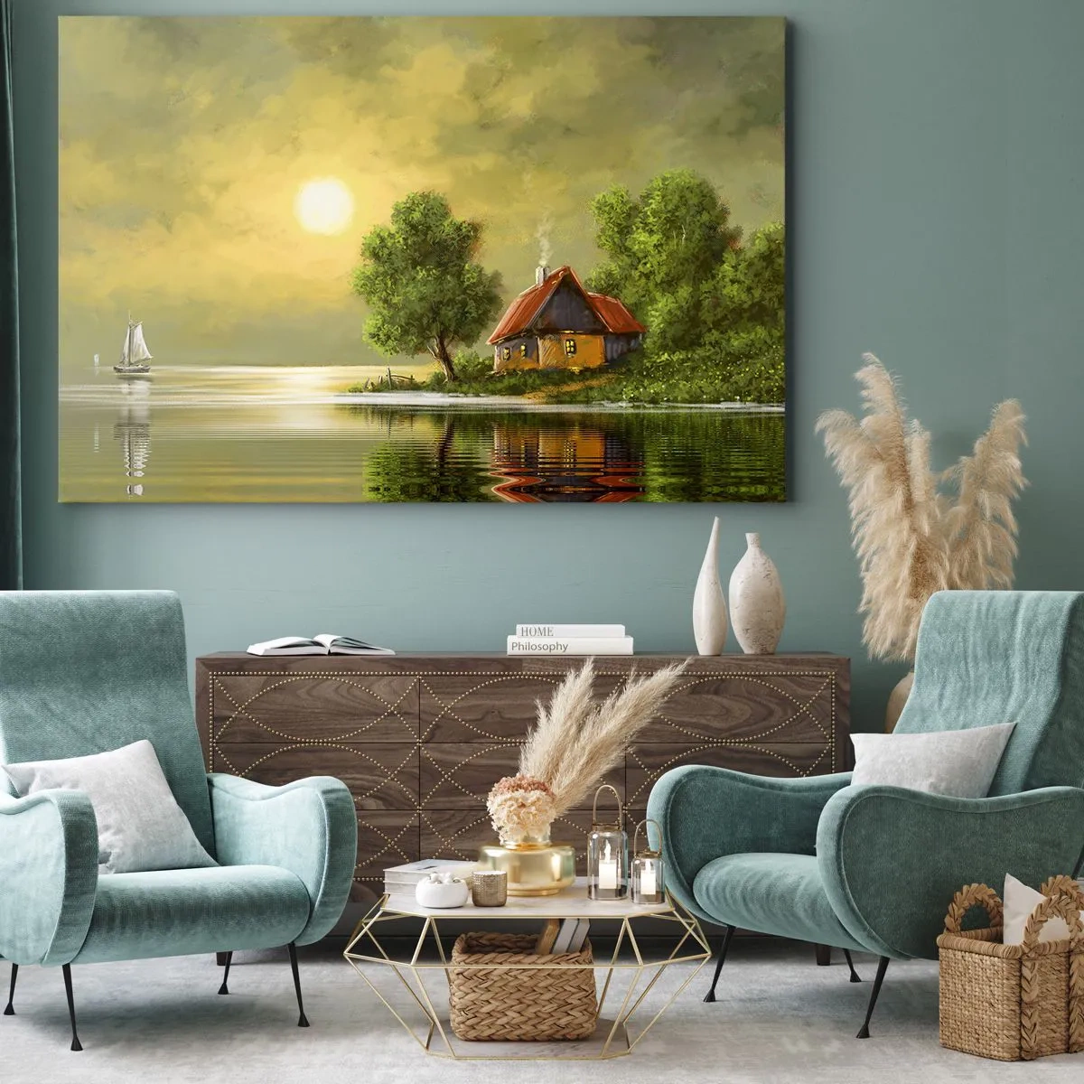 Vászonkép - Tóparti ház naplemente fényében - 70x50cm - Gyönyörű, mint egy képen - Modern fali dekoráció nappalihoz és hálószobához ARTTOR