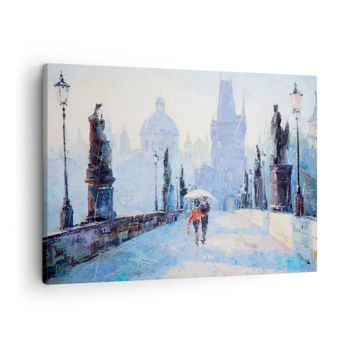 Vászonkép - Romantikus pár egy hídon az esőben, festői jelenet - 70x50cm - Az eső biztosan elvarázsolt minket - Modern fali dekoráció nappalihoz és hálószobához ARTTOR