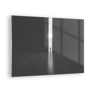 Üveg kép - Egy férfi sziluettje, aki ajtót nyit egy erős fény felé - 70x50cm - Egy lépés a fényes jövő felé - Modern fali dekoráció nappalihoz és hálószobához ARTTOR