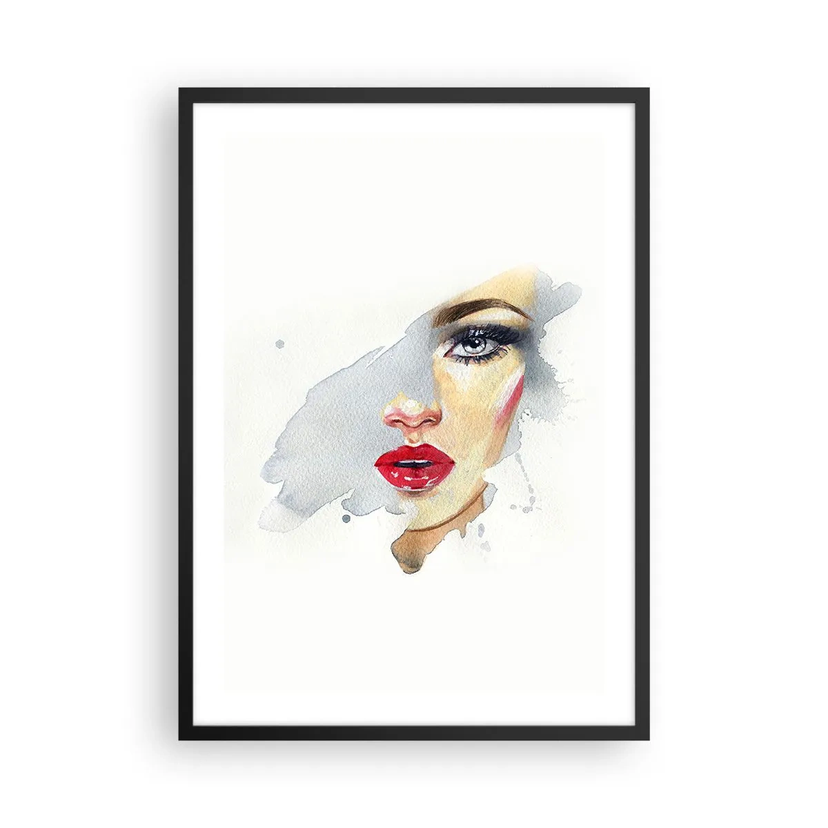 Poszter fehér keretben - Akvarell portré egy nőről, piros ajkakkal - 50x70cm - Egy vízcsepp tükörkép  - Modern fali dekoráció nappalihoz és hálószobához ARTTOR