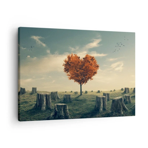Vászonkép - Egy szív alakú fa a tuskók mezőjén, a remény szimbóluma - 70x50cm - Még mindig van remény - Modern fali dekoráció nappalihoz és hálószobához ARTTOR