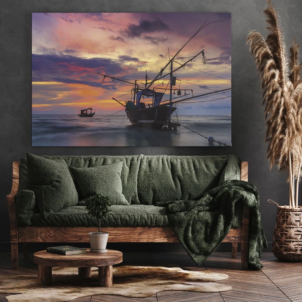Vászonkép - Egy halászhajó egy színes naplemente hátterében - 70x50cm - Egzotikus este - Modern fali dekoráció nappalihoz és hálószobához ARTTOR