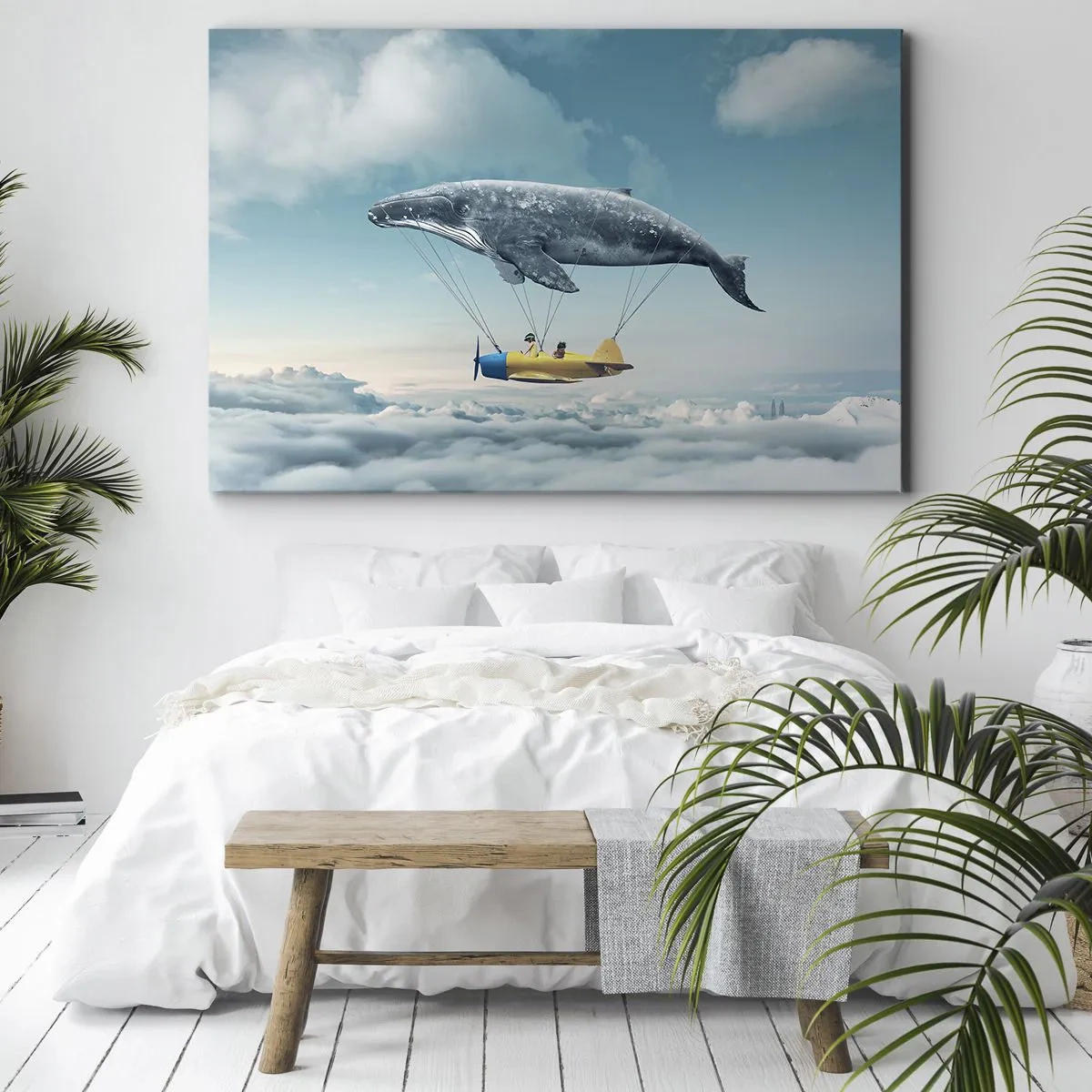 Vászonkép - Egy repülő bálna egy repülőgépet szállít szürreális környezetben. - 70x50cm - Miért is ne? - Modern fali dekoráció nappalihoz és hálószobához ARTTOR