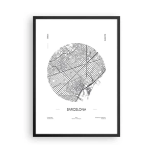 Poszter fehér keretben - Barcelona minimalista fekete-fehér térképe. - 50x70cm - Barcelona anatómiája - Modern fali dekoráció nappalihoz és hálószobához ARTTOR