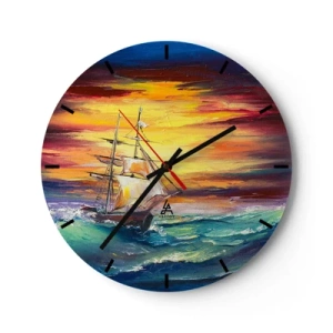 Falióra, Óra - Vitorlás hajó a viharos tengeren naplementekor - 30x30cm - Bátran a hullámok alatt - Modern fali dekoráció nappalihoz, konyhához és hálószobához ARTTOR