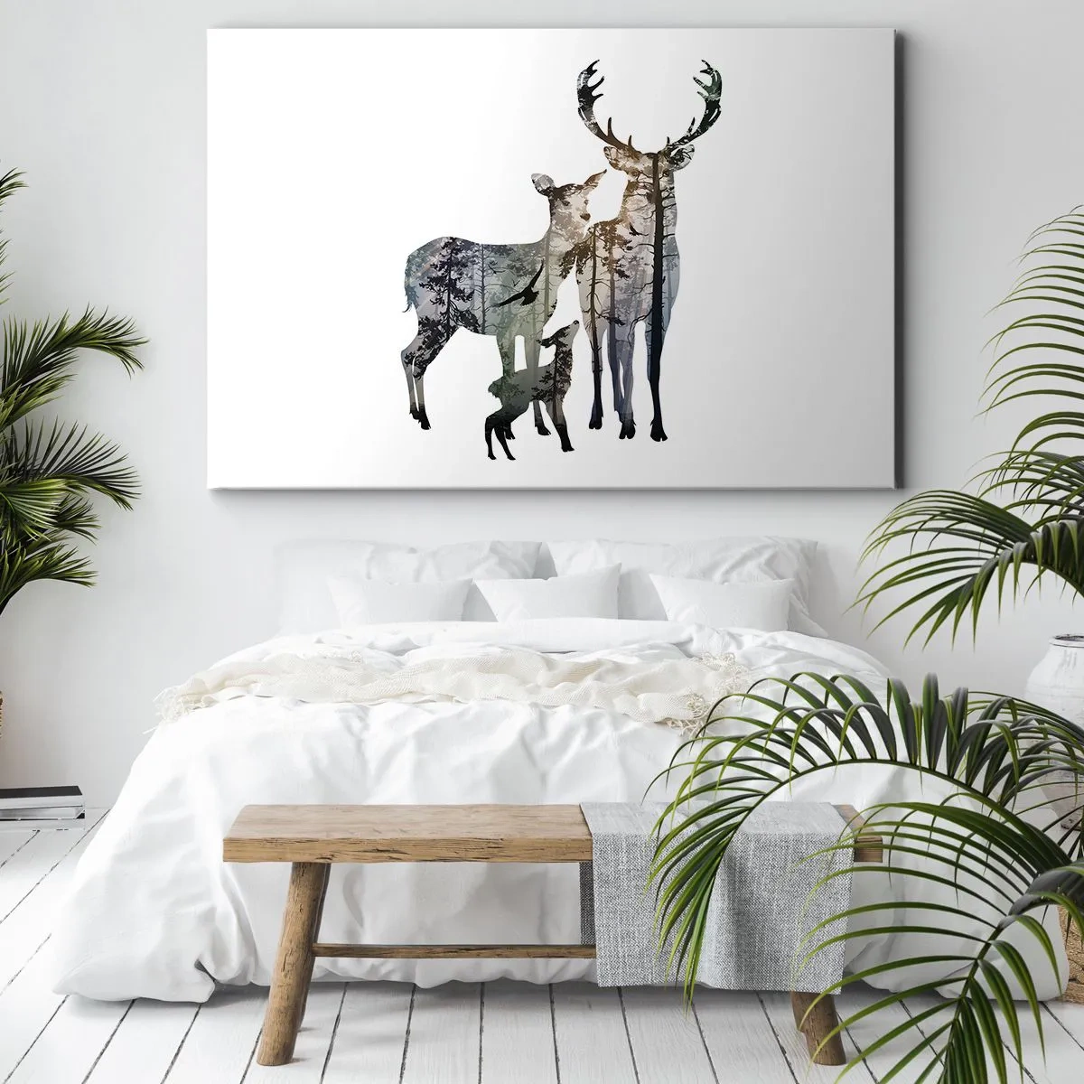 Vászonkép - Erdő táj szarvasok sziluettjeiben - 70x50cm - Családi fotó - Modern fali dekoráció nappalihoz és hálószobához ARTTOR
