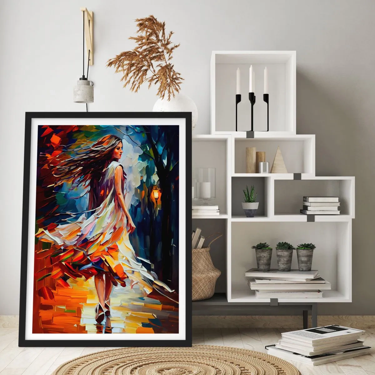 Poszter fehér keretben - Egy nő táncol a színes őszi levelek között - 50x70cm - Őszi lány - Modern fali dekoráció nappalihoz és hálószobához ARTTOR