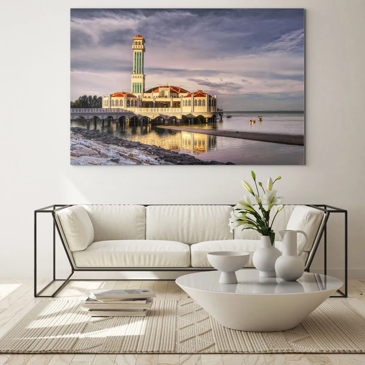 Üveg kép - Mecset a vízen festői fényben - 70x50cm - A természet temploma - Modern fali dekoráció nappalihoz és hálószobához ARTTOR