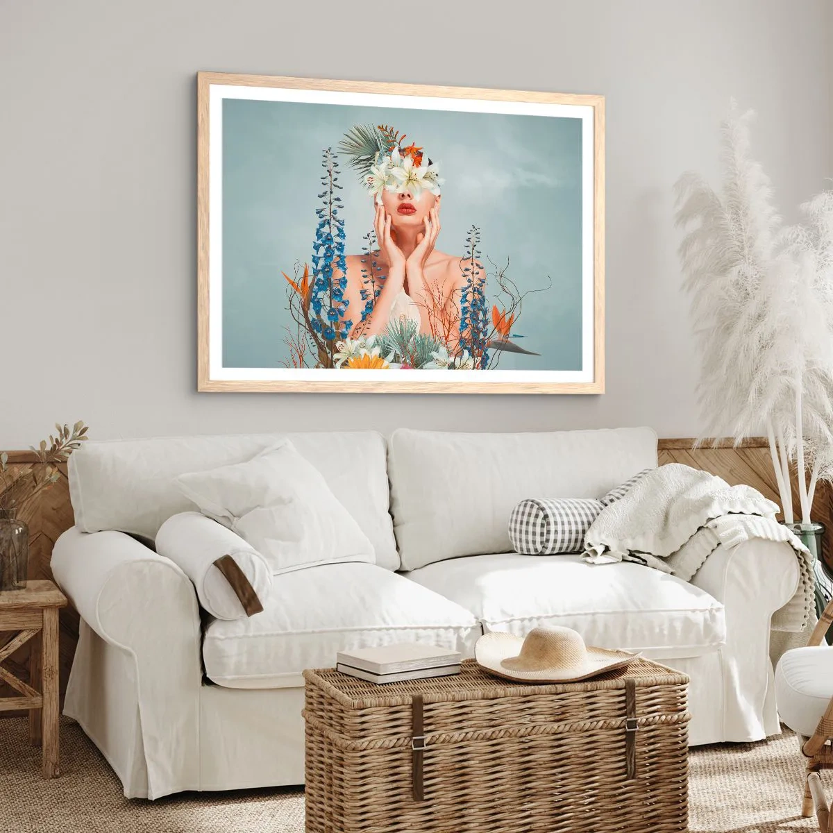 Poszter világos tölgy keretben - Virág-nő - 40x30 cm
