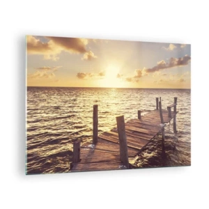 Üveg kép - Egy fából készült móló a lenyugvó nap hátterében - 70x50cm - A szelídség aranyföldje - Modern fali dekoráció nappalihoz és hálószobához ARTTOR