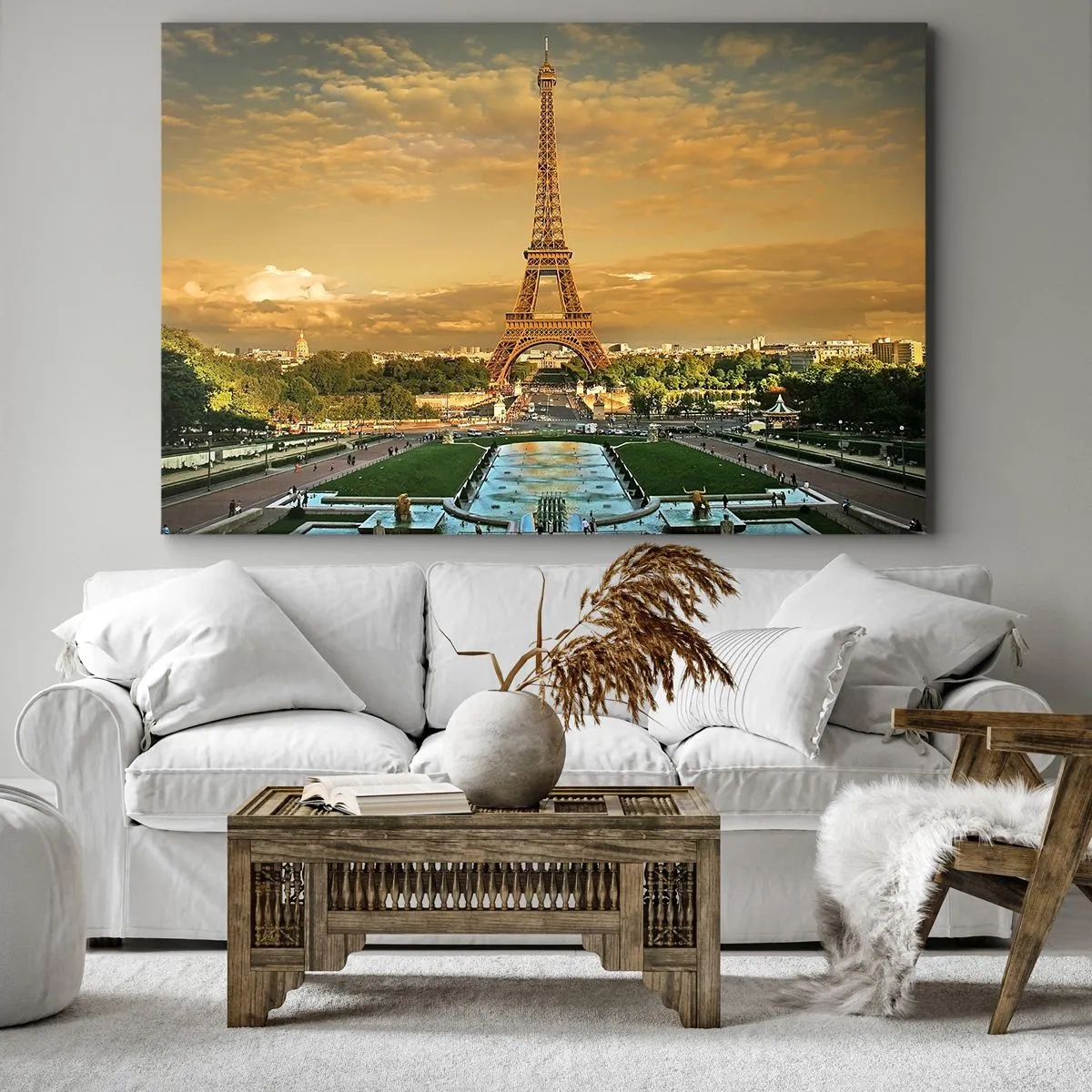 Vászonkép - Az Eiffel-torony Párizsban naplementekor - 70x50cm - Párizs királynője - Modern fali dekoráció nappalihoz és hálószobához ARTTOR