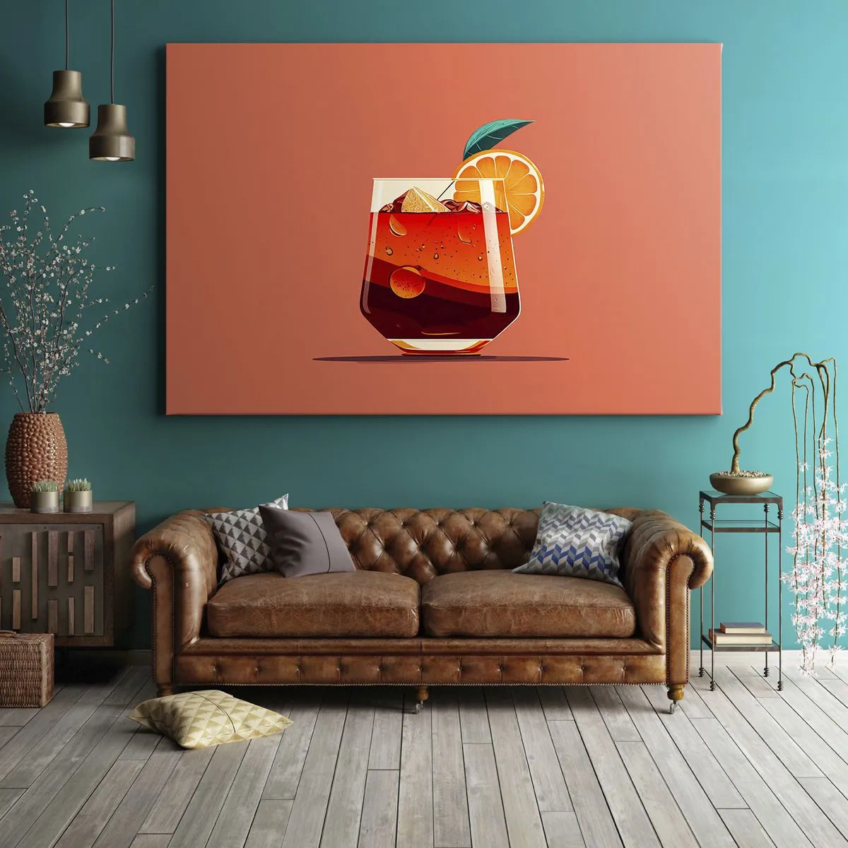 Vászonkép - Egy pohár ital és egy narancsszelet narancssárga háttér előtt - 70x50cm - Nyári felfrissülés - Modern fali dekoráció nappalihoz és hálószobához ARTTOR