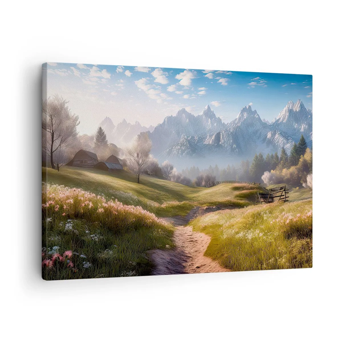Vászonkép - Hegyi völgy rétekkel, kunyhókkal és kilátással a csúcsokra - 70x50cm - Idilli völgy - Modern fali dekoráció nappalihoz és hálószobához ARTTOR