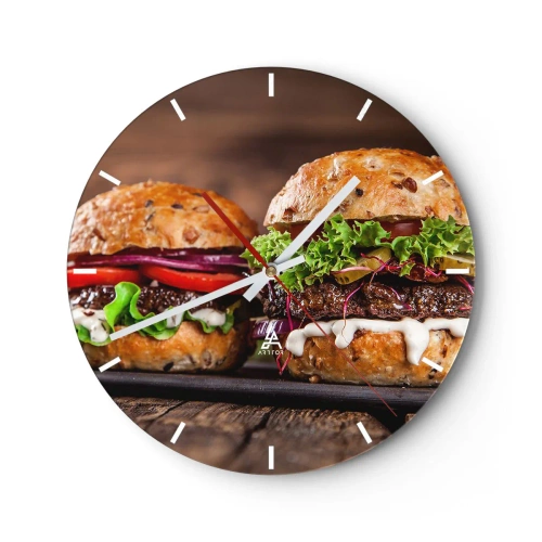 Falióra, Óra - Ínycsiklandozó hamburgerek fa háttéren - 30x30cm - American dream - Modern fali dekoráció nappalihoz, konyhához és hálószobához ARTTOR