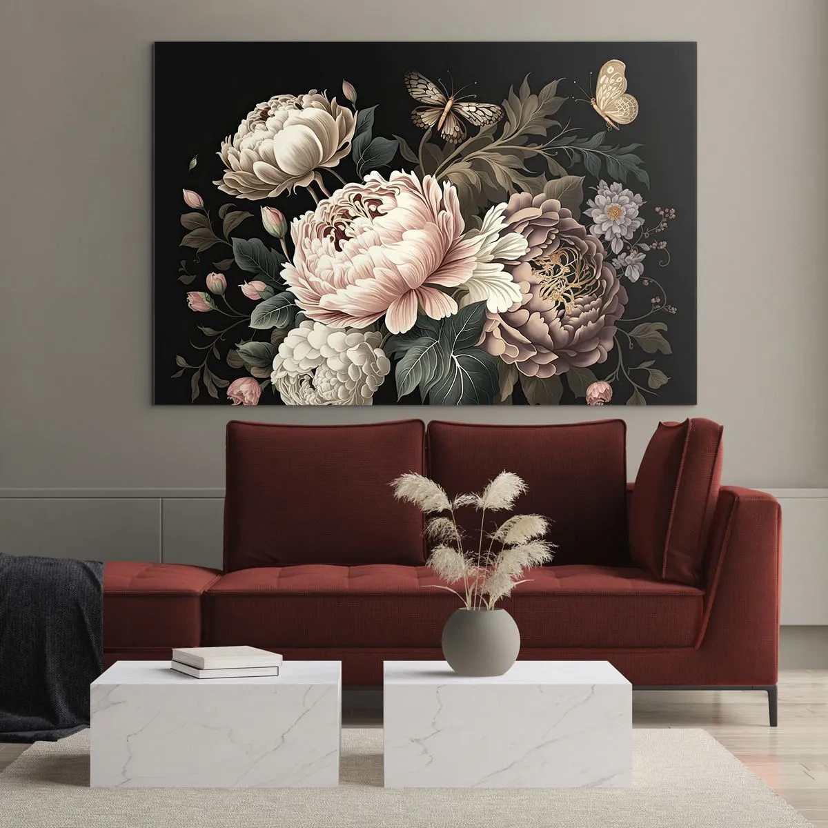Üveg kép - Virágkompozíció pillangókkal fekete alapon - 70x50cm - Barokk stílusban - Modern fali dekoráció nappalihoz és hálószobához ARTTOR