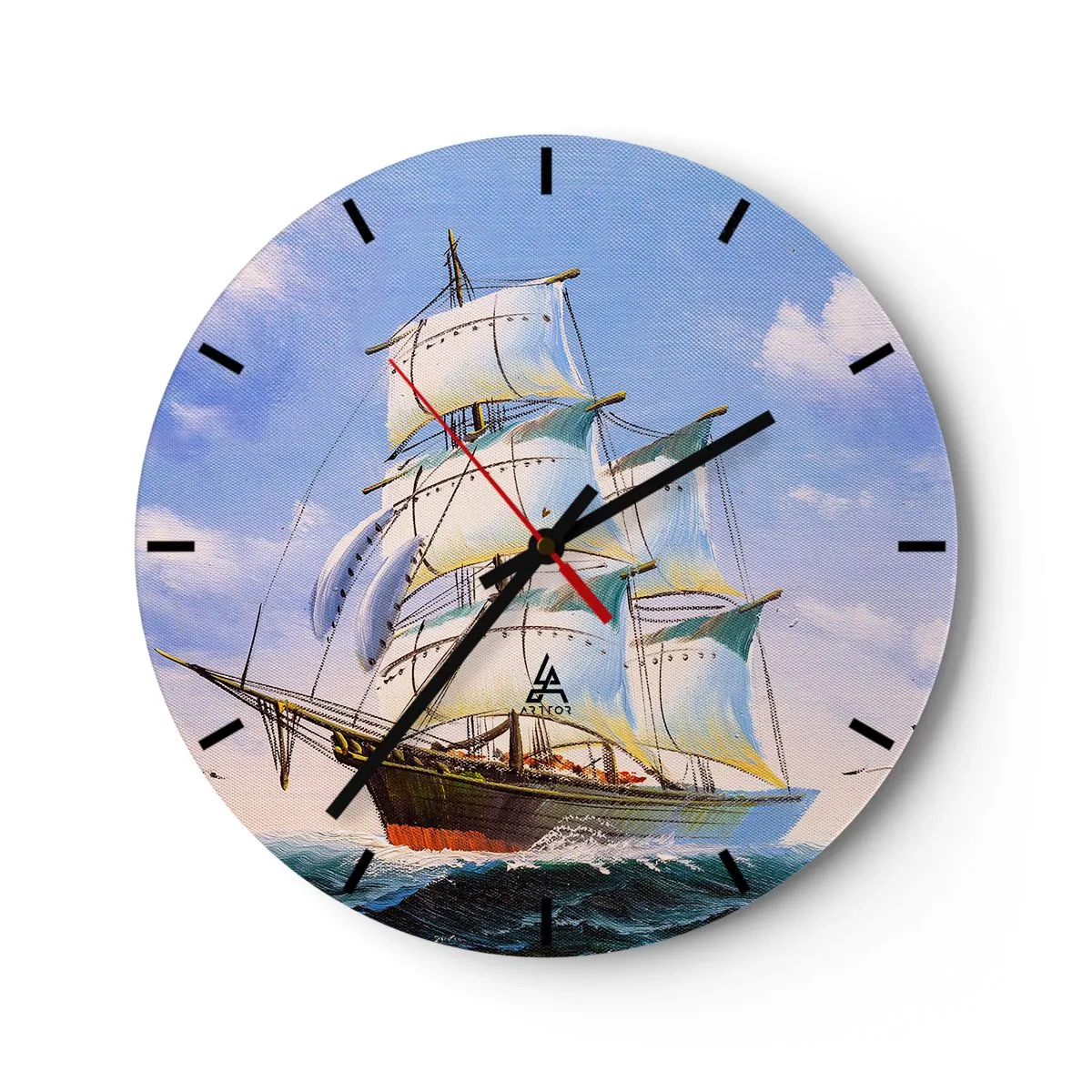 Falióra, Óra - Festői vitorlások viharos tengeren, kék ég alatt - 30x30cm - Büszkén a széllel - Modern fali dekoráció nappalihoz, konyhához és hálószobához ARTTOR