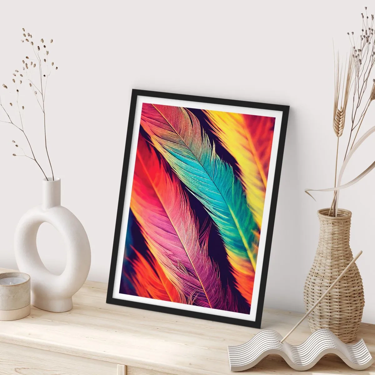 Poszter fehér keretben - Tollas szivárvány - 61x91 cm