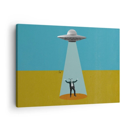Vászonkép - Egy férfi egy UFO fényében, színes táj hátterében - 70x50cm - Közeli találkozás - Modern fali dekoráció nappalihoz és hálószobához ARTTOR