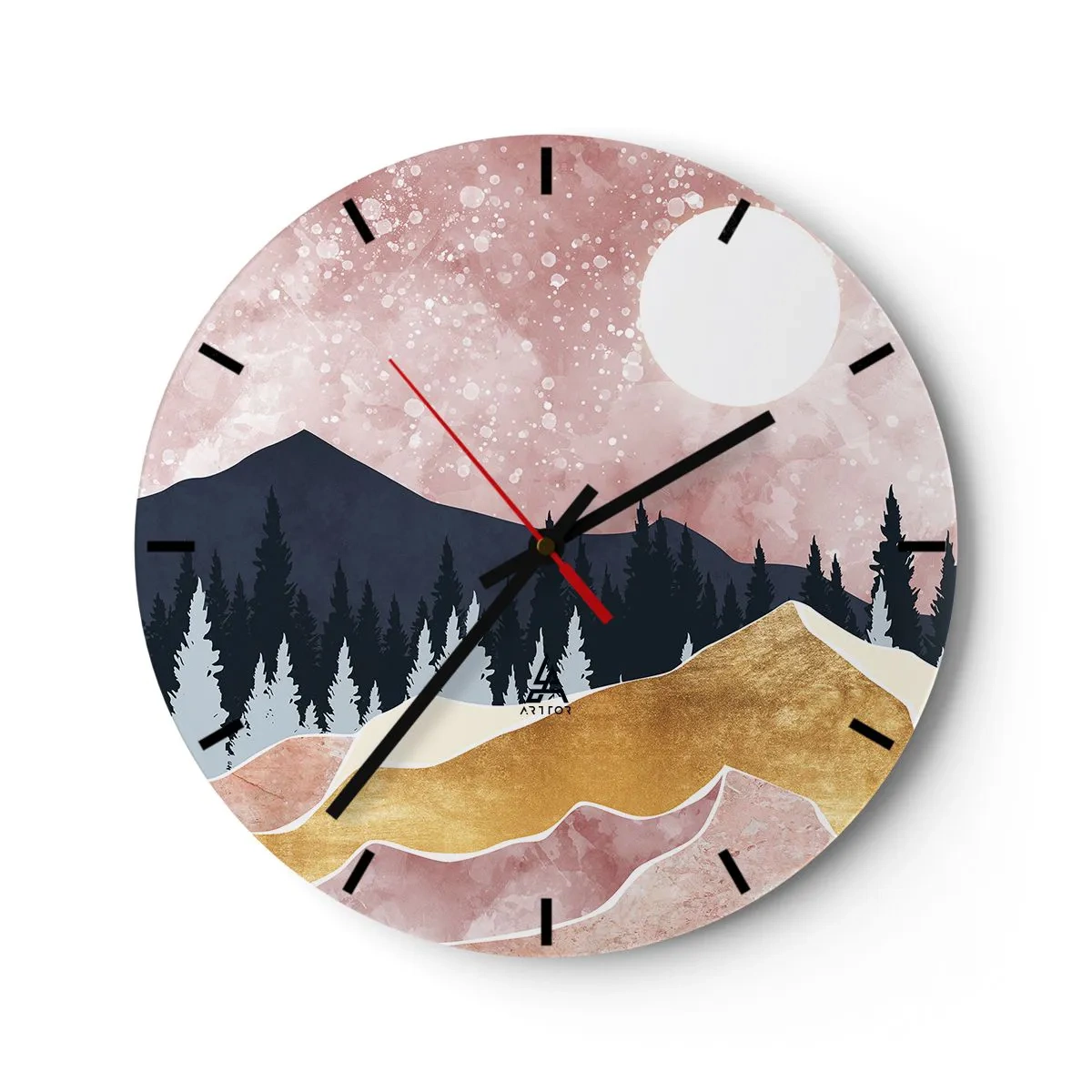 Falióra, Óra - Művészi hegyi táj pasztell színekben, erdővel és a Holddal. - 30x30cm - Éjjeli őrség - Modern fali dekoráció nappalihoz, konyhához és hálószobához ARTTOR