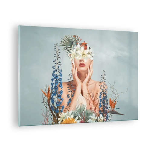 Üveg kép - Nőalak virágkoronával és virágkötészettel - 70x50cm - Virág-nő - Modern fali dekoráció nappalihoz és hálószobához ARTTOR