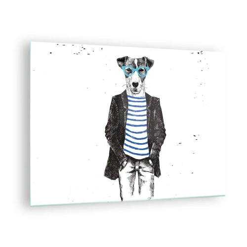 Üveg kép - Illusztráció egy matrózpólót és szemüveget viselő kutyáról fehér alapon - 70x50cm - Egy bozontos eb - Modern fali dekoráció nappalihoz és hálószobához ARTTOR
