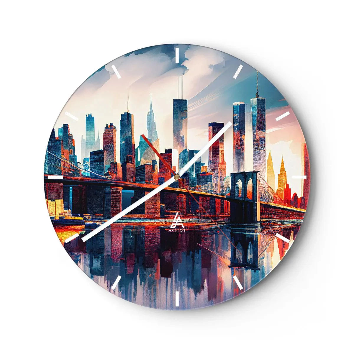 Falióra, Óra - New York városképe híddal és tükröződéssel a vízben naplementekor - 30x30cm - Fenomenális New York - Modern fali dekoráció nappalihoz, konyhához és hálószobához ARTTOR