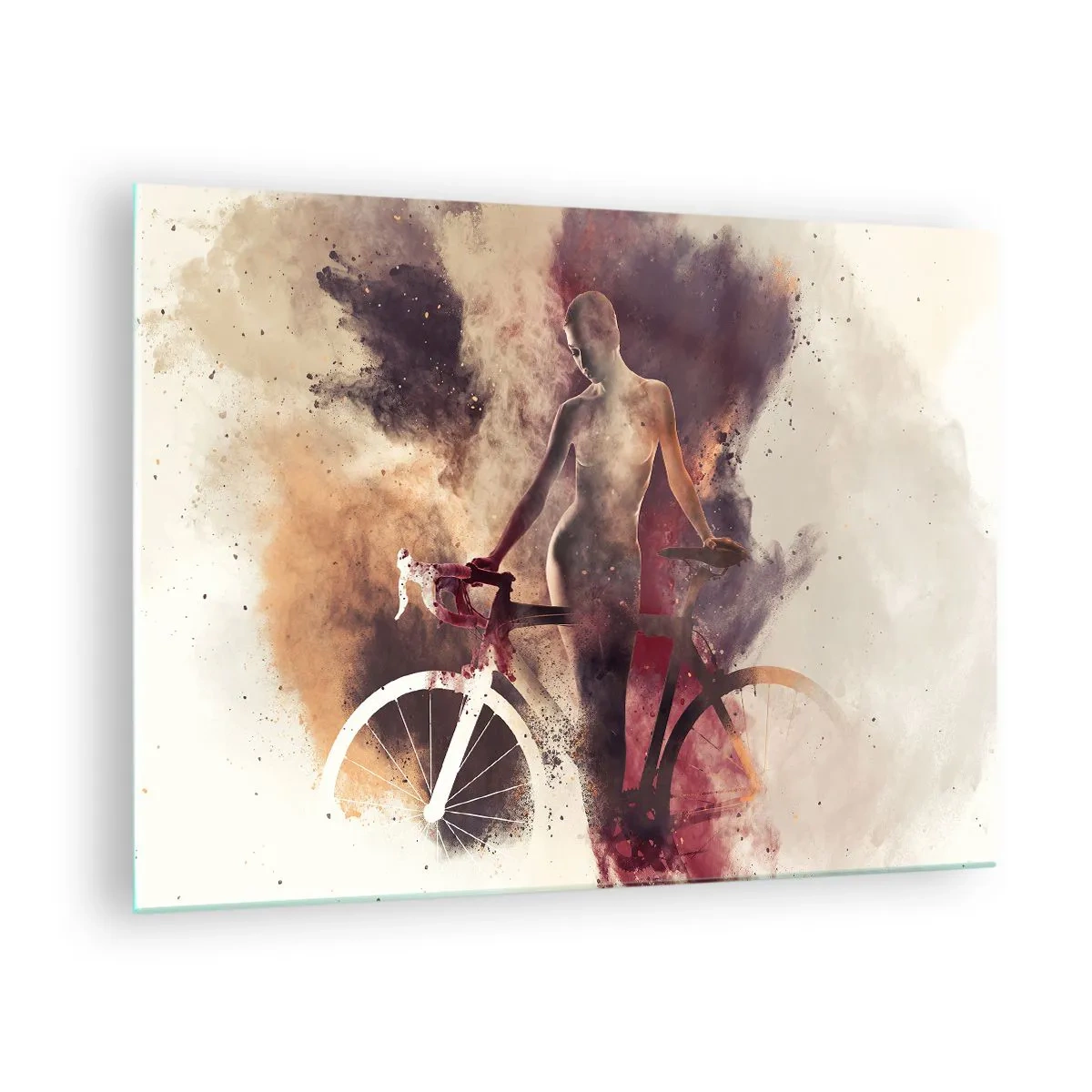 Üveg kép - Egy kerékpár sziluettje művészi színfelhőben - 70x50cm - Márvány formájú kerékpáros lélek - Modern fali dekoráció nappalihoz és hálószobához ARTTOR