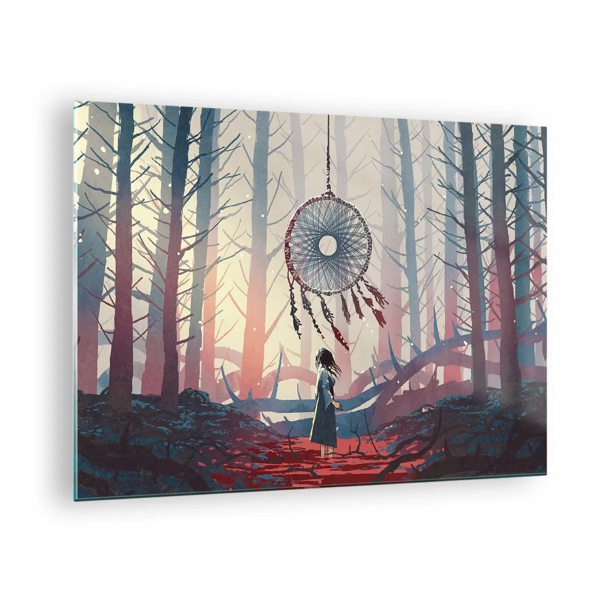 Üveg kép - Egy alak az erdőben egy levegőben lebegő nagy álomfogót néz. - 70x50cm - A boldogság titkos rituáléja - Modern fali dekoráció nappalihoz és hálószobához ARTTOR