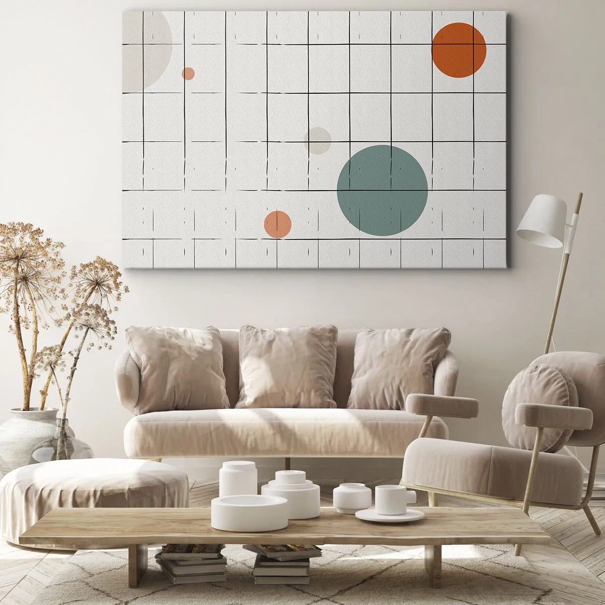 Vászonkép - Absztrakt színes körök geometrikus rácsos háttéren - 70x50cm - Csapdába esve. Mi vagy ők? - Modern fali dekoráció nappalihoz és hálószobához ARTTOR