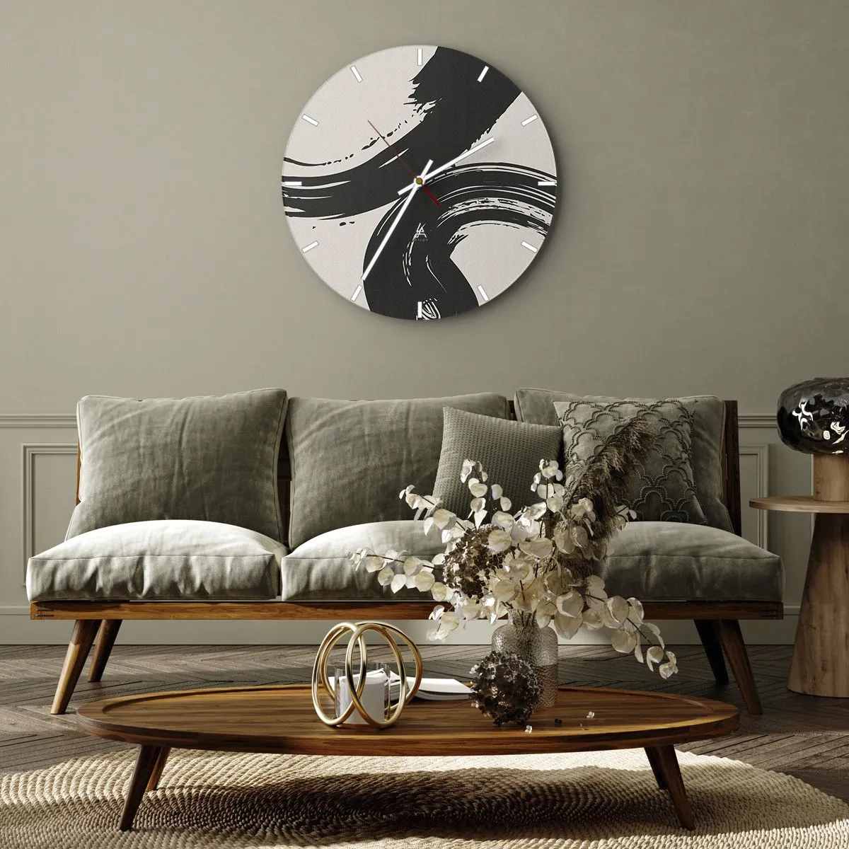 Falióra, Óra - Fekete, lendületes ecsetvonások világos háttéren - 30x30cm - Söprő és körkörös - Modern fali dekoráció nappalihoz, konyhához és hálószobához ARTTOR