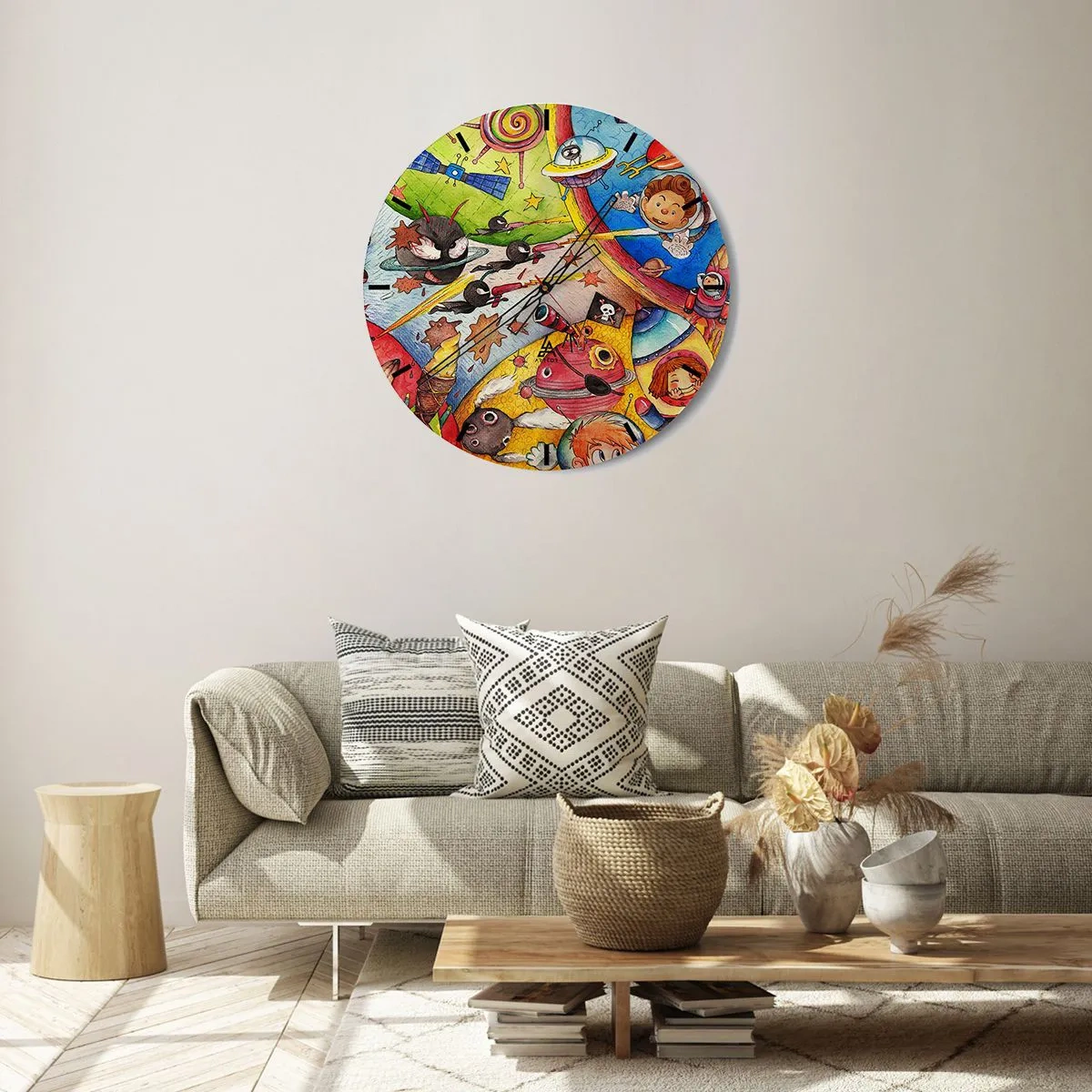 Falióra, Óra - Űrkalandok színes illusztrációja - 30x30cm - Nagy űrkaland - Modern fali dekoráció nappalihoz, konyhához és hálószobához ARTTOR