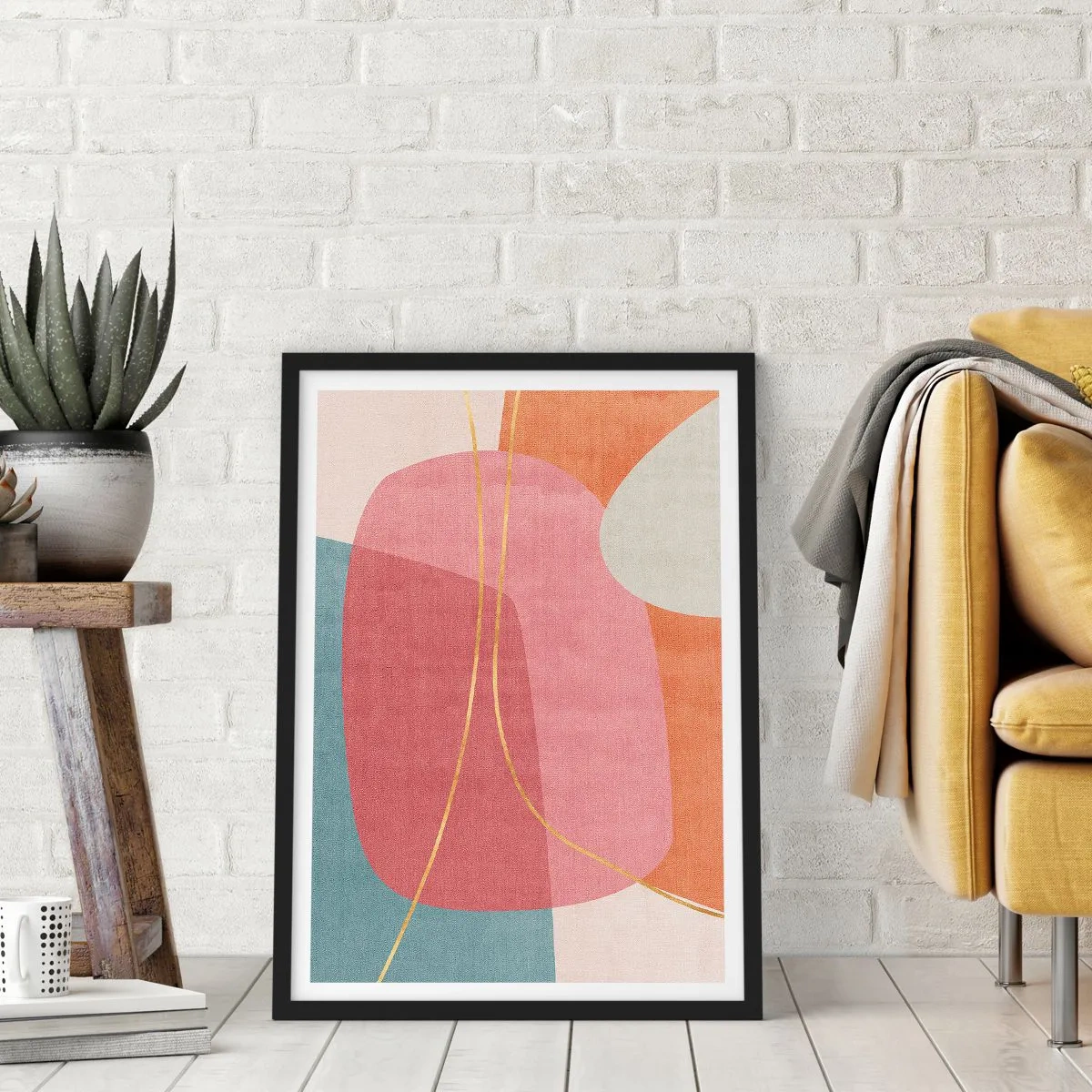 Poszter fehér keretben - Színes absztrakció geometriai alakzatokkal és arany vonalakkal - 50x70cm - Pasztell kompozíció aranyszálakkal - Modern fali dekoráció nappalihoz és hálószobához ARTTOR