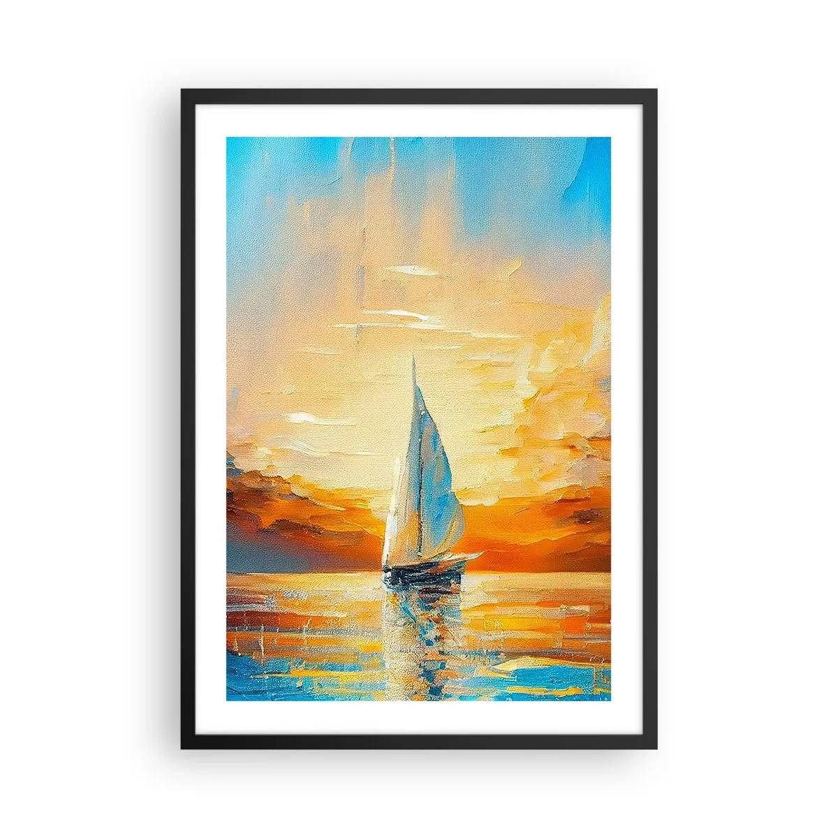 Poszter fehér keretben - Egy vitorláshajó az aranyló naplemente hátterében - 50x70cm - Aranyban vitorlázva - Modern fali dekoráció nappalihoz és hálószobához ARTTOR