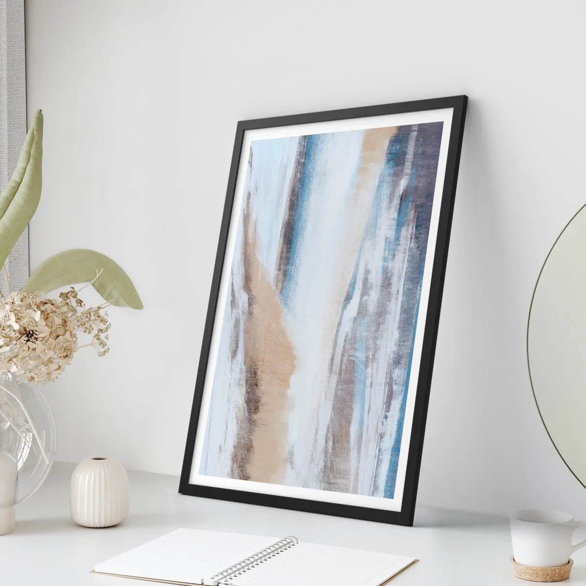 Poszter fehér keretben - Absztrakt kompozíció kék és bézs árnyalatokban - 50x70cm - Téli kompozíció - Modern fali dekoráció nappalihoz és hálószobához ARTTOR