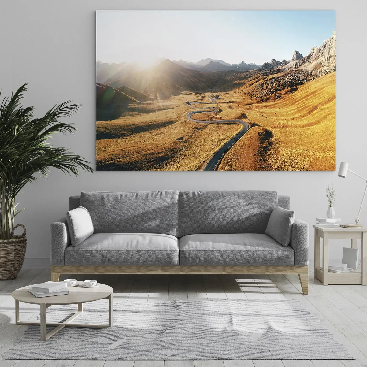 Üveg kép - Egy kanyargós út egy aranyló völgyben, amelyet a nap megvilágít - 70x50cm - Egy arany völgyben - Modern fali dekoráció nappalihoz és hálószobához ARTTOR