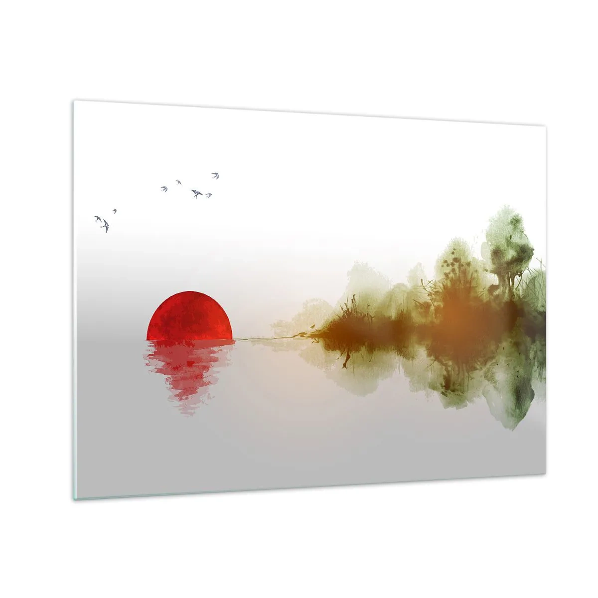 Üveg kép - Vörös nap a víz és az erdő körvonalai felett - 70x50cm - A béke ígérete - Modern fali dekoráció nappalihoz és hálószobához ARTTOR