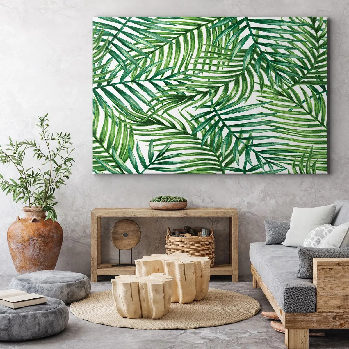 Vászonkép - Zöld trópusi pálmalevelek világos háttéren - 70x50cm - A zöld lombkorona alatt - Modern fali dekoráció nappalihoz és hálószobához ARTTOR